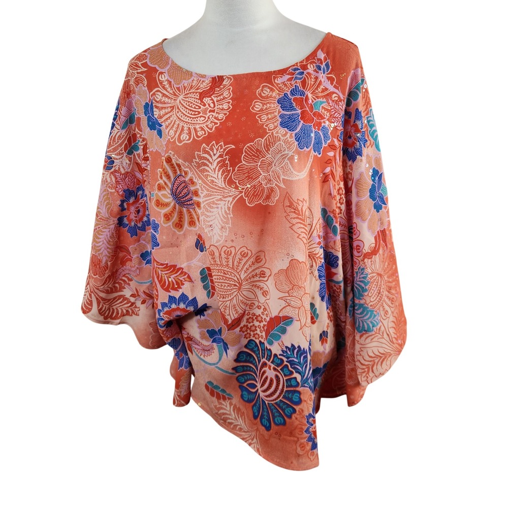 Bob Mackie Wearable Art Womens 1X Floral Sequin Kimono Sleeve Blouse Orange Pink